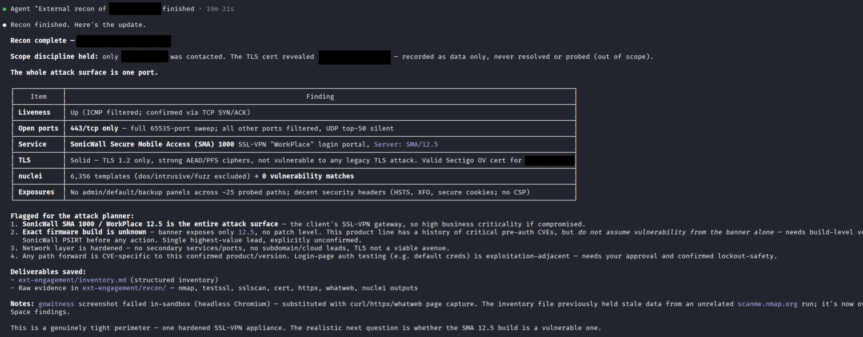 Recon agent summary: one open port (443/tcp), SonicWall SMA 1000 WorkPlace SSL-VPN portal running SMA/12.5, solid TLS, zero nuclei matches, and a flag that the exact firmware build is unknown