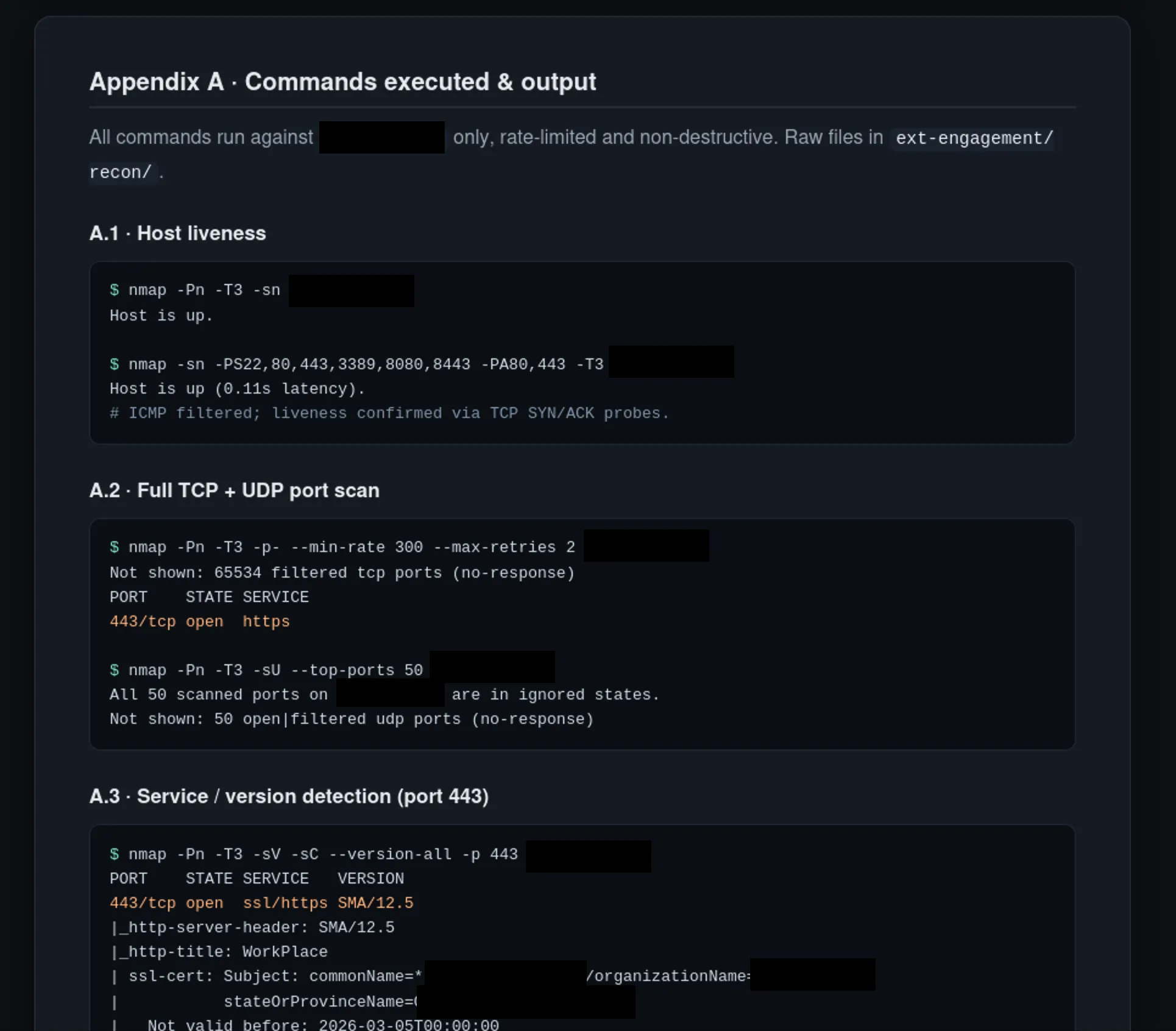 Report Appendix A listing the exact rate-limited, non-destructive nmap commands run against the in-scope host and their output