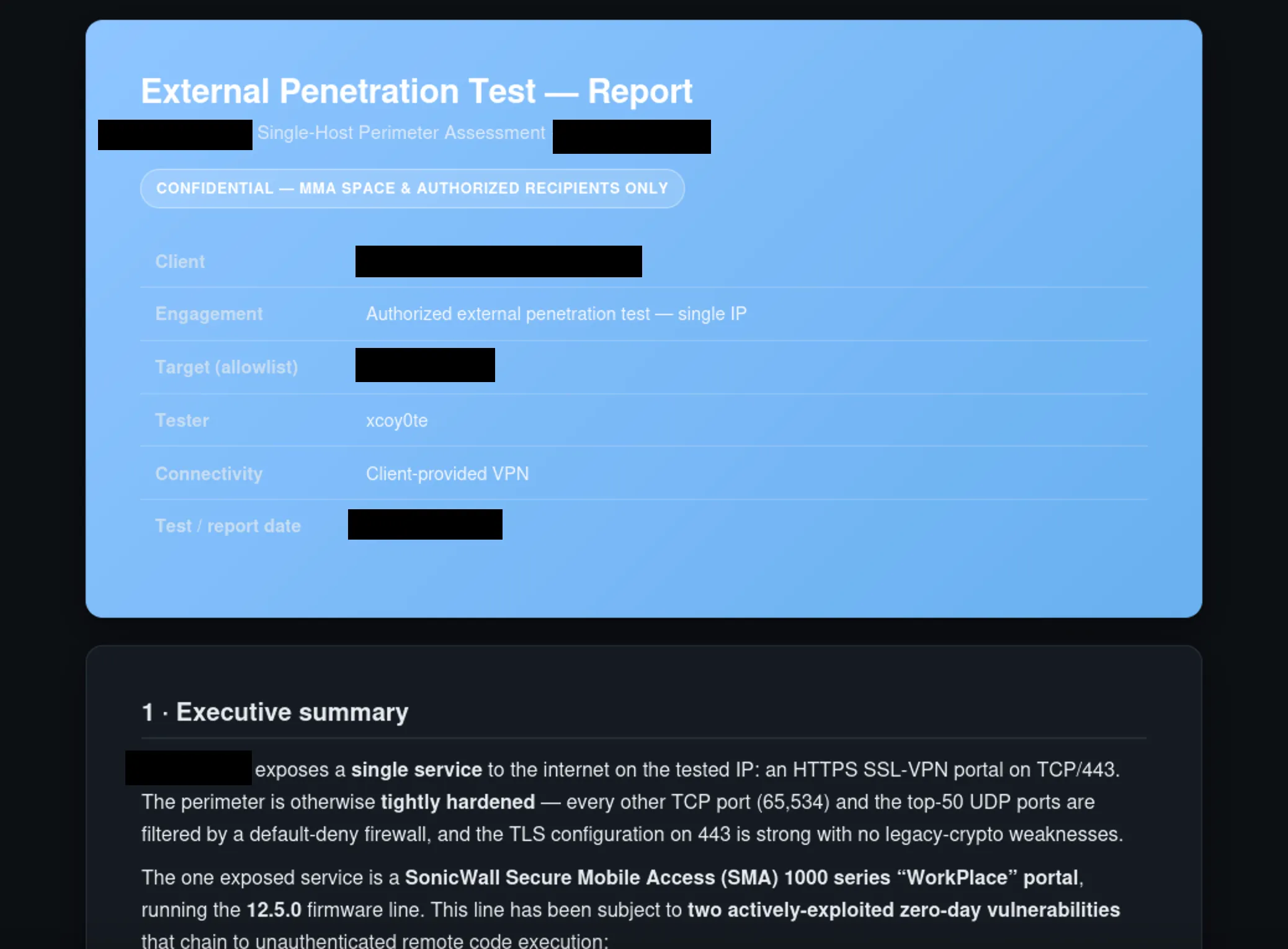 External Penetration Test report cover and executive summary describing the single exposed SonicWall SMA 1000 WorkPlace SSL-VPN service on TCP/443 and the 12.5 firmware line