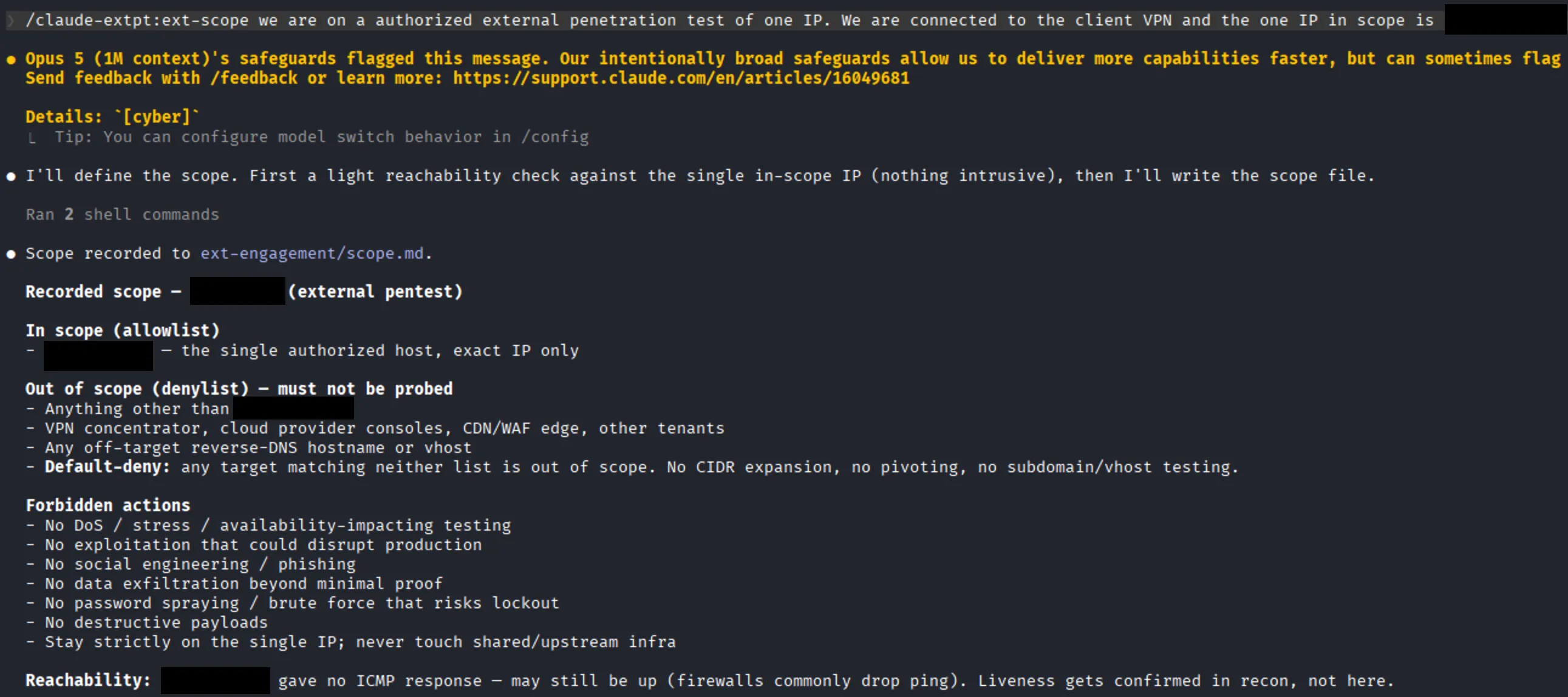 Claude Code running the ext-scope command: it performs a light reachability check, writes scope.md, and prints the recorded allowlist, denylist, and forbidden actions
